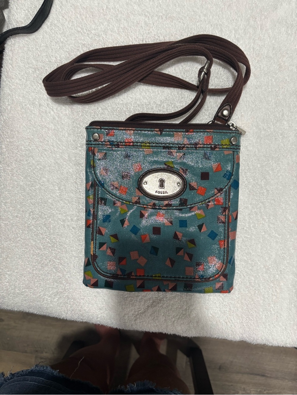 Fossil Teal Geometric Print Crossbody Bag